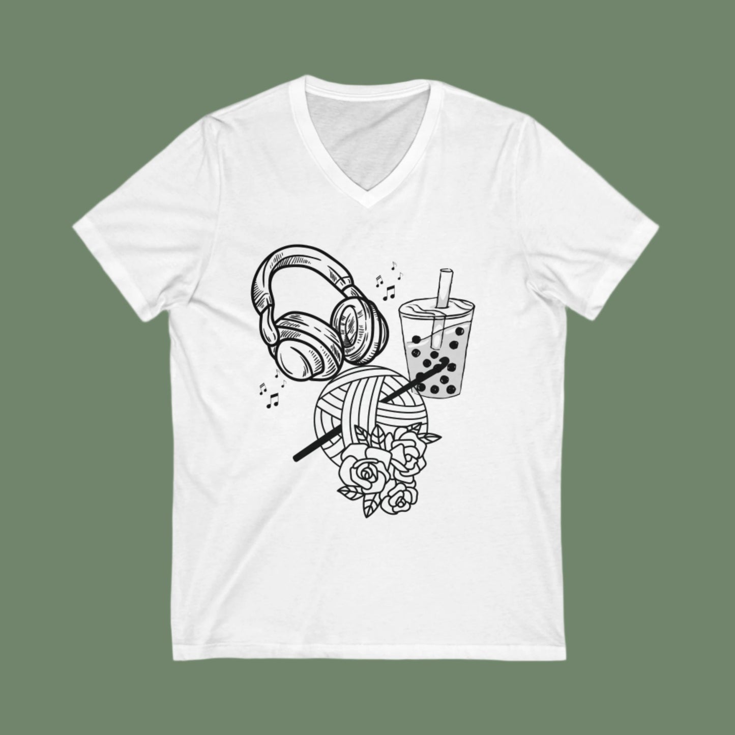 Black and white design Headphones yarn Boba Unisex Jersey Short Sleeve V-Neck Tee