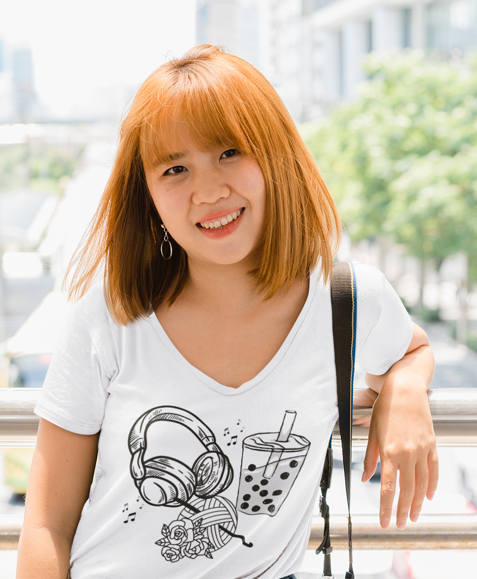 Black and white design Headphones yarn Boba Unisex Jersey Short Sleeve V-Neck Tee