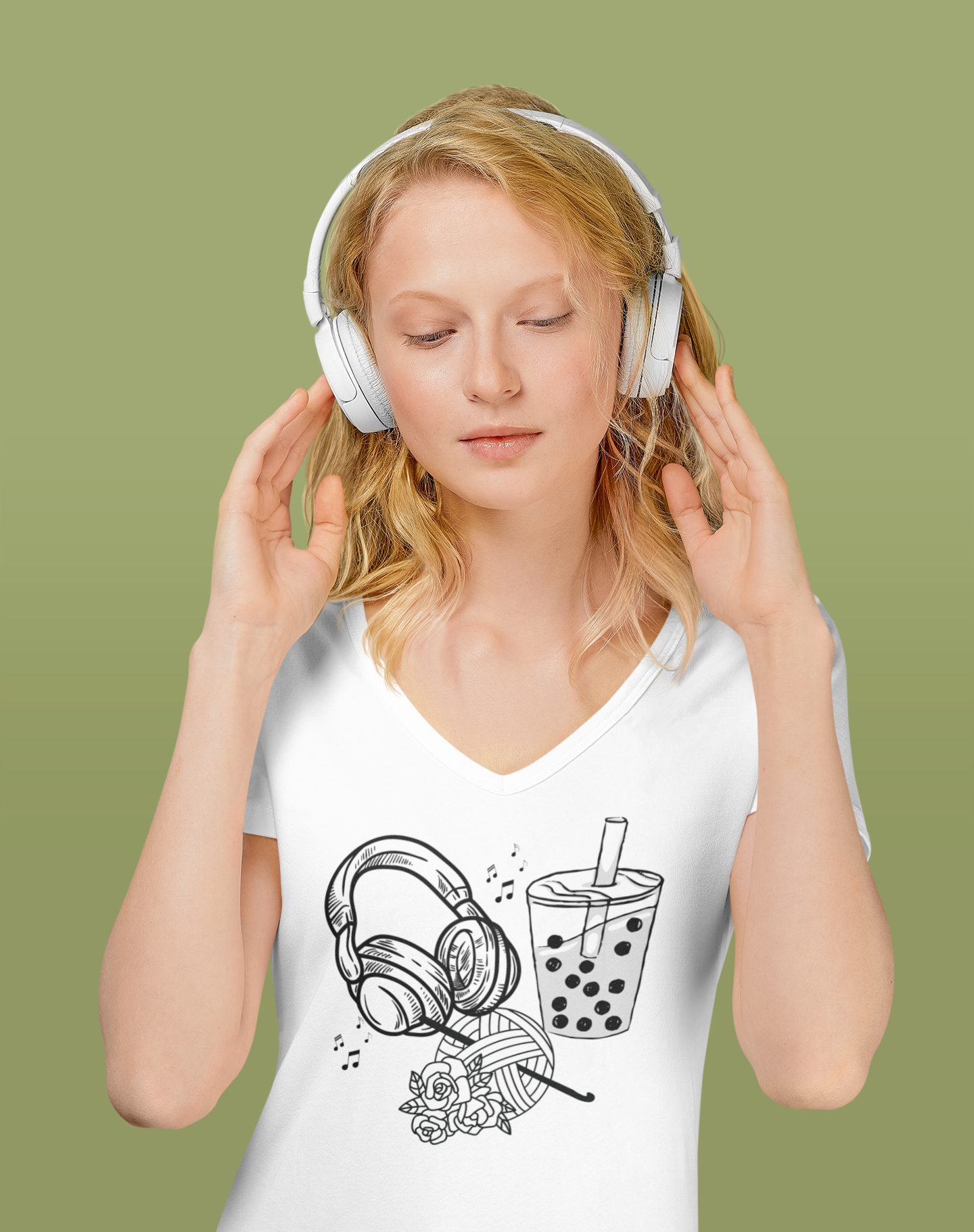 Black and white design Headphones yarn Boba Unisex Jersey Short Sleeve V-Neck Tee